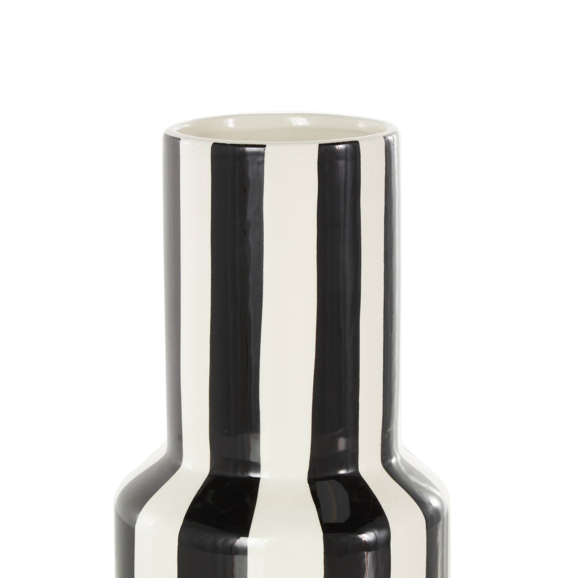 11" White & Black Stripes Round Wide Ceramic Vase